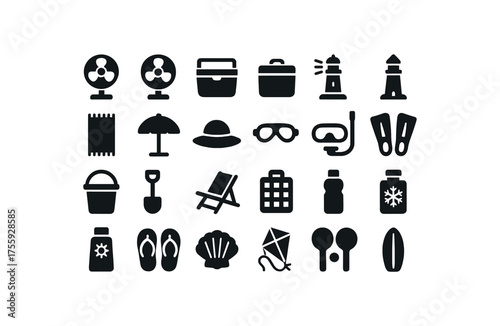 vector solid black filled icons Summer (beach kit) fan on fan off cooler open cooler closed beacon active beacon inactive beach towel sun shade straw hat swim goggles snorkel set swim fins