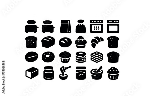 vector solid black filled icons Breakfast (breads) toaster on toaster off bag open bag closed oven active oven inactive wheat bread rye bread sourdough loaf brioche roll croissant roll