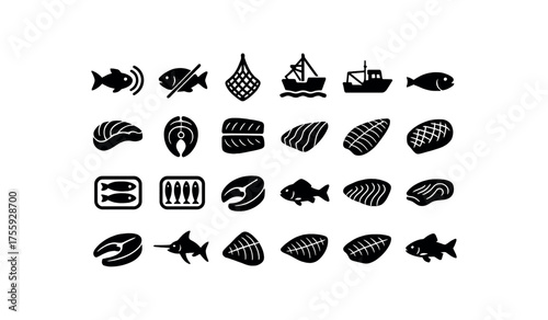 vector solid black filled icons Seafood (fish) sonar on sonar off net open net closed trawler active trawler inactive salmon fillet tuna steak cod fillet haddock fillet trout fillet