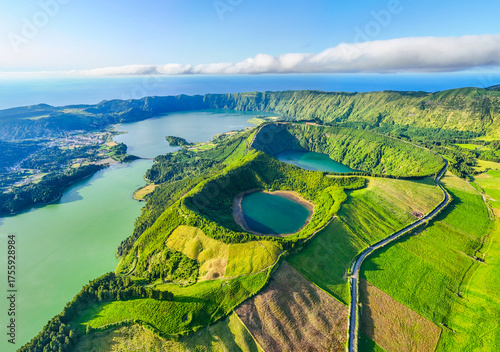 Panorama of Sete Cidades Caldera. Blue Lake, Green Lake, Rasa Lake and Santiago Lake. Green Fields and Hills. Azores, Sao Miguel Island. Portugal. Aerial View