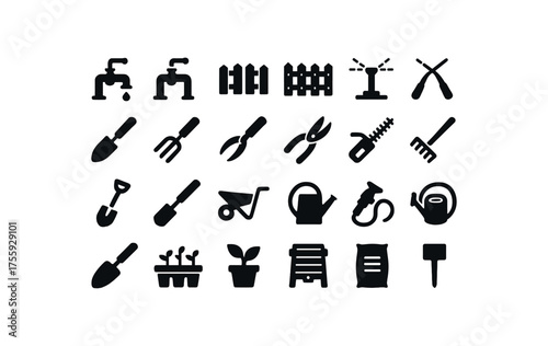 vector solid black filled icons Gardening (tools) pump on pump off gate open gate closed system active system inactive garden trowel hand fork pruning shears lopper tool hedge trimmer rake