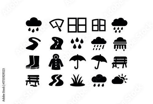 vector solid black filled icons Spring (rainy days) wiper on wiper off window open window closed path active path inactive light rain steady rain heavy rain drizzle mist puddle splash rain