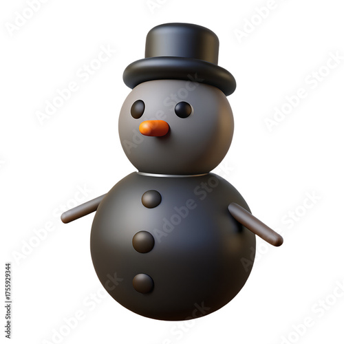 3D cartoon black snowman with orange carrot nose and top hat, minimalist winter holiday character isolated on white background in plastic style, modern festive decoration concept illustration
