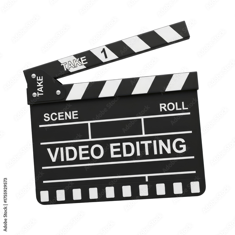 Obraz premium Black film clapperboard with white text ' V I D E O E D I T I N G' and ' T A K E 1 icon 2025-2026 transparent isolated on white background png 4k full hd download