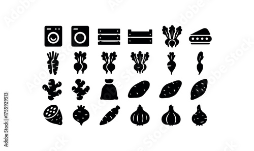vector solid black filled icons Vegetables (root) washer on washer off crate open crate closed line active line inactive carrot bunch beet bunch radish bunch turnip bunch parsnip bunch