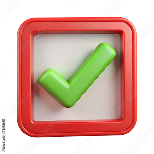 3D cartoon Right Check Mark Icon in a Red Square Frame, Glossy Approval Symbol for Website, Confirmation, Correct Verification Graphic in Realistic Render