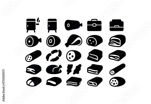 vector solid black filled icons Meat (cured) smoker on smoker off case open case closed order active order inactive ham whole ham slice prosciutto cut pancetta roll salami stick chorizo