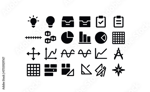 vector solid black filled icons Education (math) light on light off drawer open drawer closed quiz active quiz inactive number line unit cubes fraction pie bar model angle protractor grid