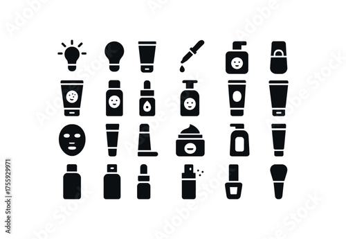 vector solid black filled icons Products (cosmetics) light on light off cap open cap closed mode active mode inactive face cleanser face toner face serum face cream eye cream lip balm body