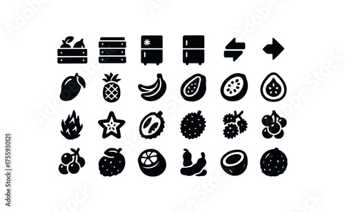 vector solid black filled icons Fruits (tropical) crate open crate closed chiller on chiller off sort active sort inactive mango ripe pineapple cut banana bunch papaya half guava slice
