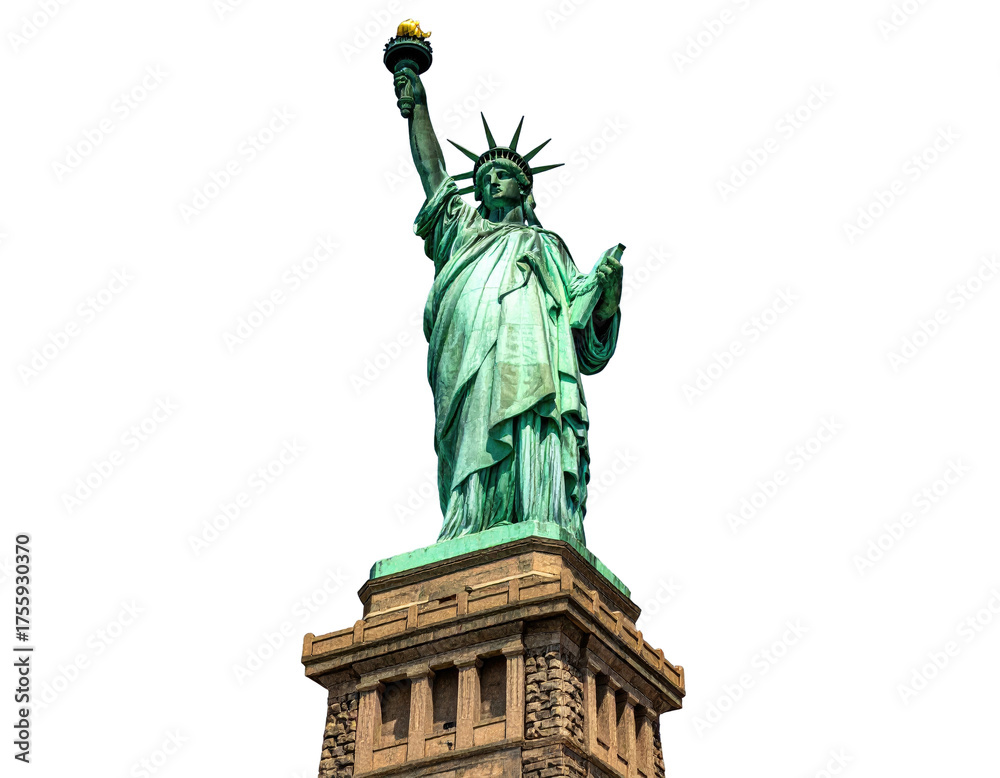 Fototapeta premium A large, copper-toned statue of a robed woman holding a torch, set against black