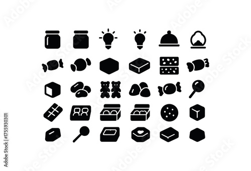 vector solid black filled icons Desserts (sweets) jar open jar closed light on light off order active order inactive caramel candy toffee candy fudge nougat bar peanut brittle sesame