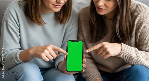 Two women pointing at a smartphone with a green screen while sitting indoors on a neutral background