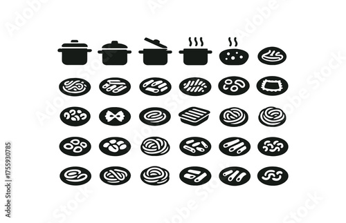 vector solid black filled icons Dishes (pasta) pot on pot off lid open lid closed boil active boil inactive spaghetti plate penne plate fusilli plate rigatoni plate macaroni bowl farfalle