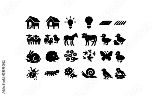 vector solid black filled icons Spring (animals) coop open coop closed light on light off field active field inactive lamb group flock foal colt calf cow duckling pair gosling pair bunny