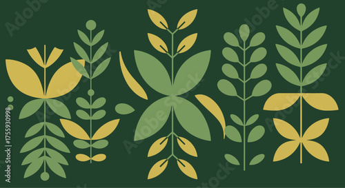 A stylized, geometric floral pattern featuring yellow and green plants set against a dark green background, showcasing a retro, nature-inspired design suitable for various creative projects.