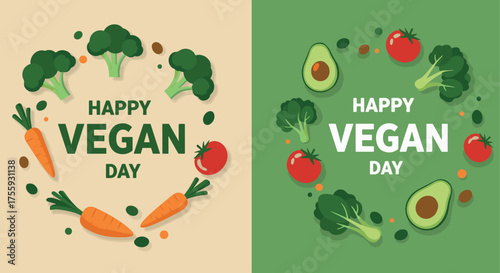 Two vector illustrations for happy vegan day, featuring vegetables and fruits like avocado, tomato, carrot, and broccoli arranged in a circular pattern with the text 'Happy Vegan Day'