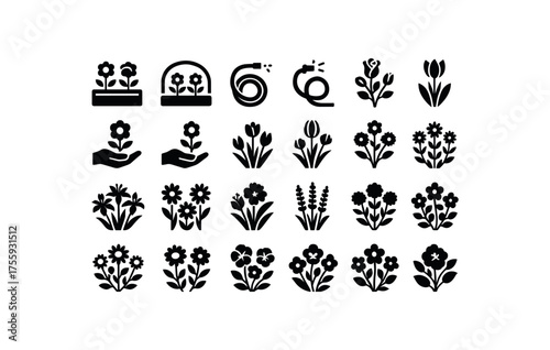 vector solid black filled icons Gardening (flowers) bed open bed closed hose on hose off care active care inactive rose bush tulip patch lily patch daisy patch iris bed carnation bed
