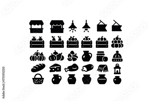vector solid black filled icons Autumn (market) stall open stall closed lamp on lamp off sale active sale inactive crate pear crate grape crate plum crate pumpkin pile squash pile nut pile