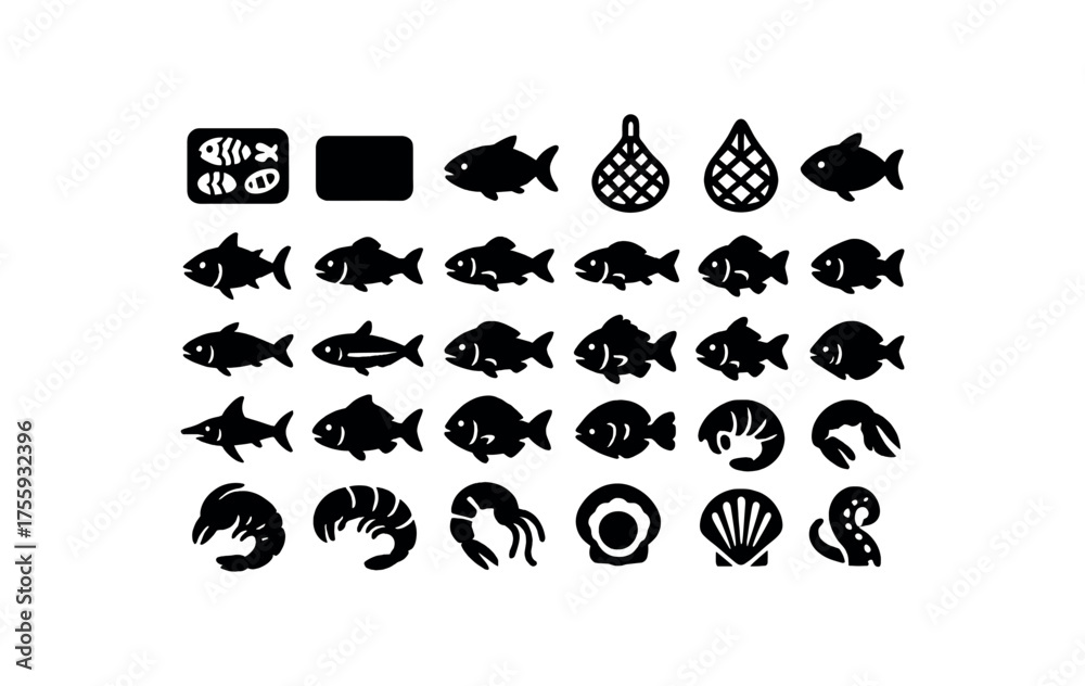 Obraz premium vector solid black filled icons Seafood (medley) tray on tray off net open net closed catch active catch inactive tuna fish salmon fish cod fish haddock fish mackerel fish sardine fish