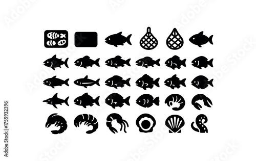 vector solid black filled icons Seafood (medley) tray on tray off net open net closed catch active catch inactive tuna fish salmon fish cod fish haddock fish mackerel fish sardine fish