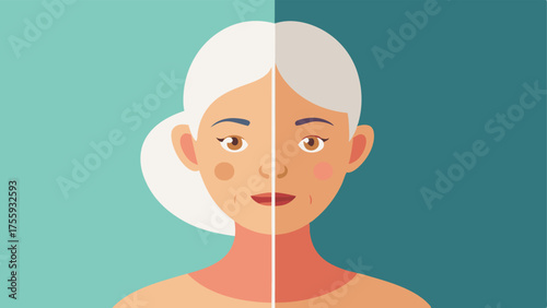 AntiAging Benefits A split illustration with one side showing aged skin without patches and the other side showing rejuvenated skin with patches highlighting the transformative