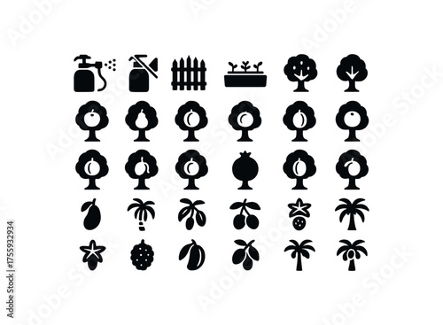 vector solid black filled icons Gardening (fruits) sprayer on sprayer off gate open gate closed bed active bed inactive tree pear tree plum tree cherry tree peach tree apricot tree