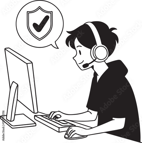 Creative vector illustration of a man sitting with a laptop, working from home, representing a remote job and a modern digital lifestyle