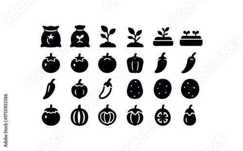 vector solid black filled icons Vegetables (nightshades) bag open bag closed grow on grow off bed active bed inactive tomato red tomato cherry tomato bell pepper chili pepper jalapeno