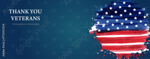 Grunge artistic American flag in round shape with the text 'Thank you veterans' on a blue background, honoring those who served. Veteran's day in USA concept.