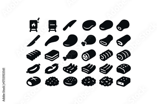 vector solid black filled icons Meat (pork) smoker on smoker off tray open tray closed cut active cut inactive pork chop pork loin pork rib pork belly pork shank pork shoulder pork