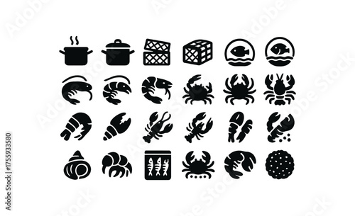 vector solid black filled icons Seafood (crustaceans) pot on pot off trap open trap closed catch active catch inactive shrimp raw shrimp cook prawn raw crab crab snow crab lobster tail