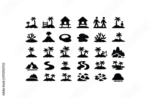 vector solid black filled icons Travel (islands) dock open dock closed hut on hut off tour active tour inactive coral island volcanic island atoll ring cay island reef island barrier island