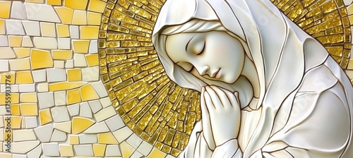 Stunning Mosaic Artwork of Virgin Mary in Prayer, Adorned in White Robes with a Golden Halo