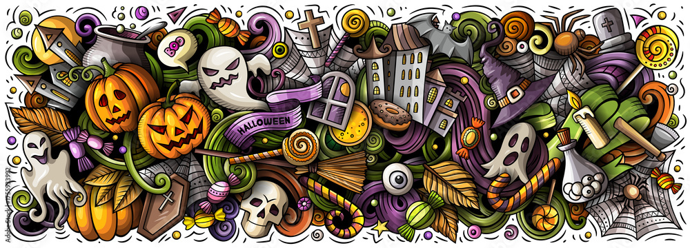Obraz premium Happy Halloween cartoon funny doodle banner