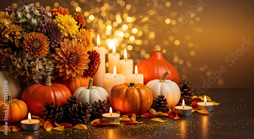 Elegant Thanksgiving arrangement of vibrant autumn flowers, glowing candles, and assorted pumpkins on a dark reflective surface with sparkling bokeh 