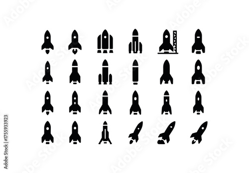 vector solid black filled icons Space (rockets) engine on engine off stage open stage closed launch active launch inactive small rocket medium rocket heavy rocket solid booster liquid