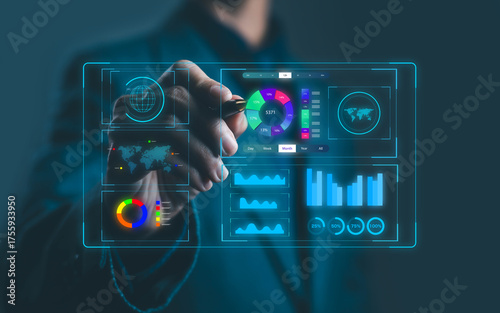 Businessman using futuristic AI data analytics dashboard with digital graphs and charts. Concept of artificial intelligence, big data visualization, and technology innovation for business strategy,