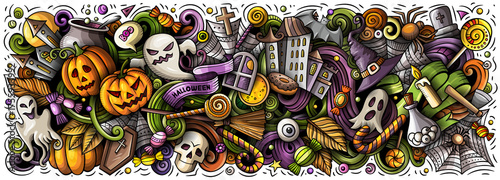 Happy Halloween cartoon funny doodle banner