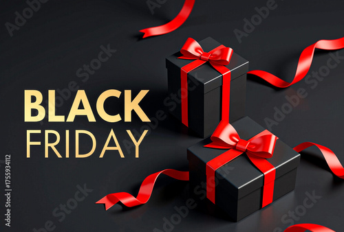 Black Friday Sale with Luxury Black and Red Gift Boxes and Ribbons on Dark Background