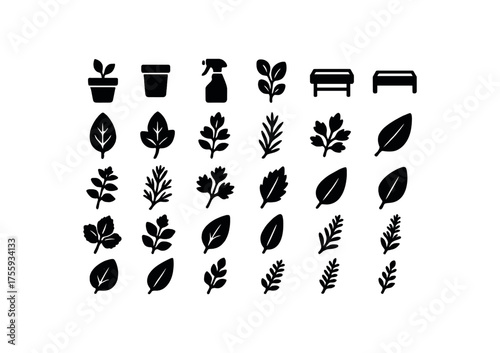 vector solid black filled icons Gardening (herbs) pot open pot closed sprayer on sprayer off bed active bed inactive basil leaf thyme leaf oregano leaf rosemary sprig sage leaf mint sprig