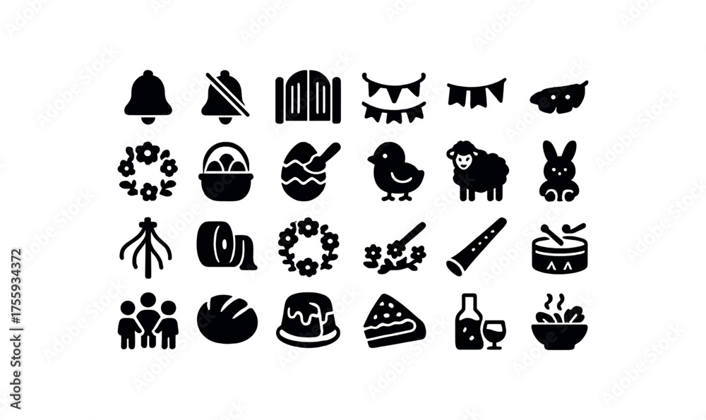 Fototapeta premium vector solid black filled icons Spring (celebrations) bell on bell off gate open gate closed fest active fest inactive flower crown egg basket egg paint toy lamb toy bunny toy maypole pole
