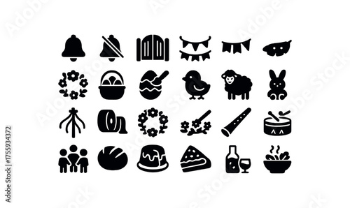 vector solid black filled icons Spring (celebrations) bell on bell off gate open gate closed fest active fest inactive flower crown egg basket egg paint toy lamb toy bunny toy maypole pole