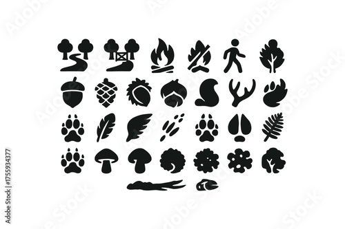vector solid black filled icons Autumn (woods) path open path closed fire on fire off walk active walk inactive acorn nut pine cone chestnut burr hazelnut squirrel tail deer antler fox paw