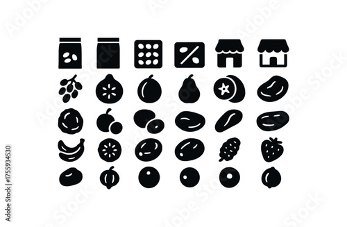 vector solid black filled icons Fruits (dried) pack open pack closed tray on tray off store active store inactive raisin bunch dried fig dried apricot dried pear dried dried plum prune