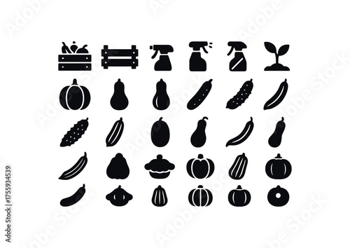 vector solid black filled icons Vegetables (gourds) crate open crate closed sprayer on sprayer off grow active grow inactive pumpkin round squash squash green zucchini long cucumber green