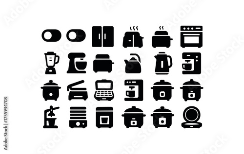 vector solid black filled icons Kitchen Tools (appliances) switch on switch off door open door closed work active work inactive blender jar mixer stand toaster slot oven door microwave unit
