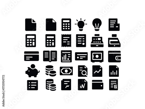vector solid black filled icons Office (finance) file open file closed light on light off calc active calc inactive receipt slip invoice sheet bill paper ledger book balance sheet cash