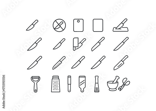 vector outline icons. outline stroke user interface icons style on clean white background Kitchen Tools (prep) knife on knife off board open board closed chop active chop inactive chef