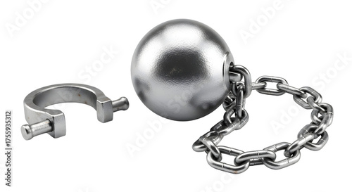 Metal ball and chain with shackle isolated on transparent background